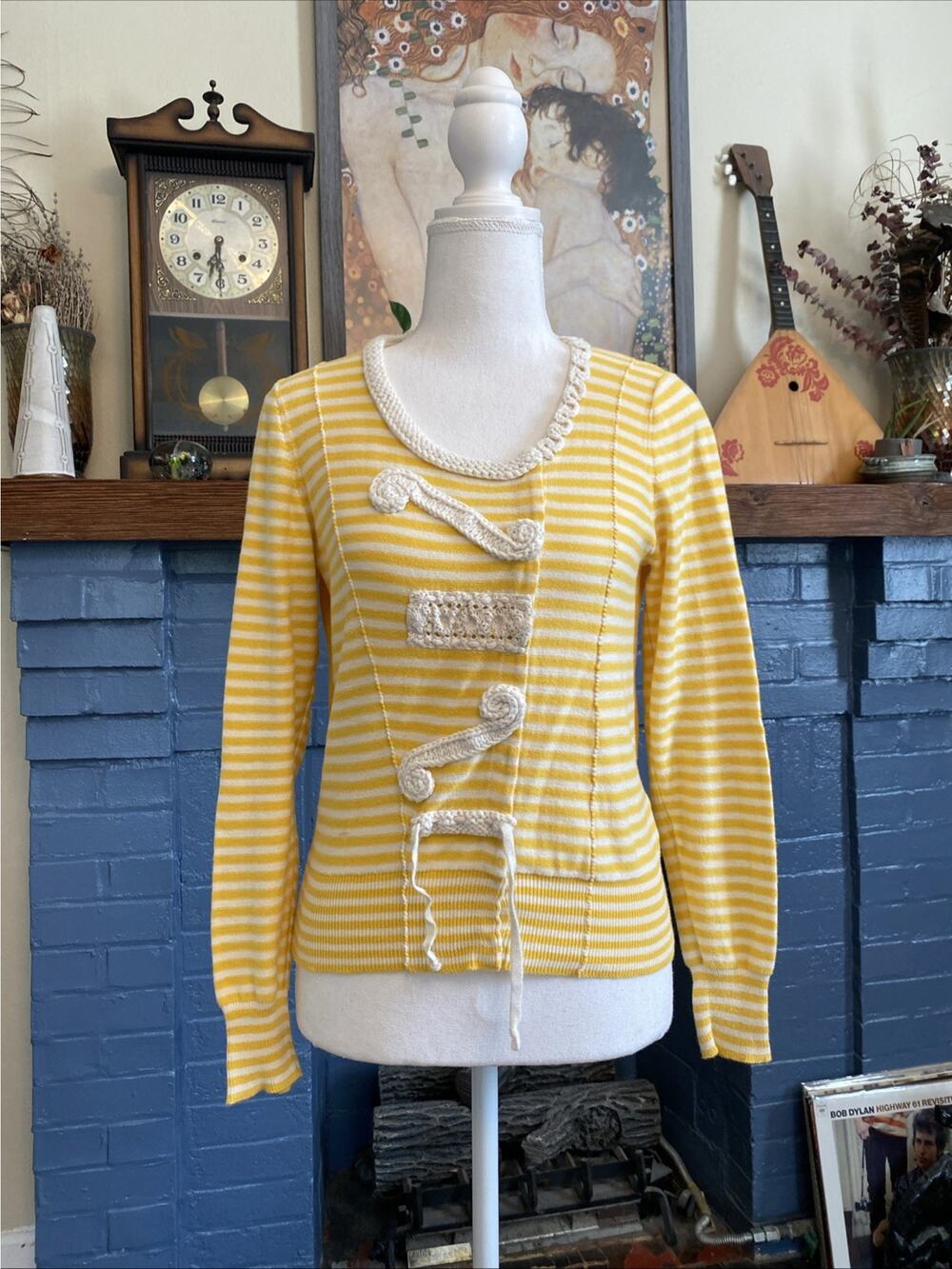 Anthropologie Sparrow M Yellow Striped Sweater Crochet Button Cardigan Y2K